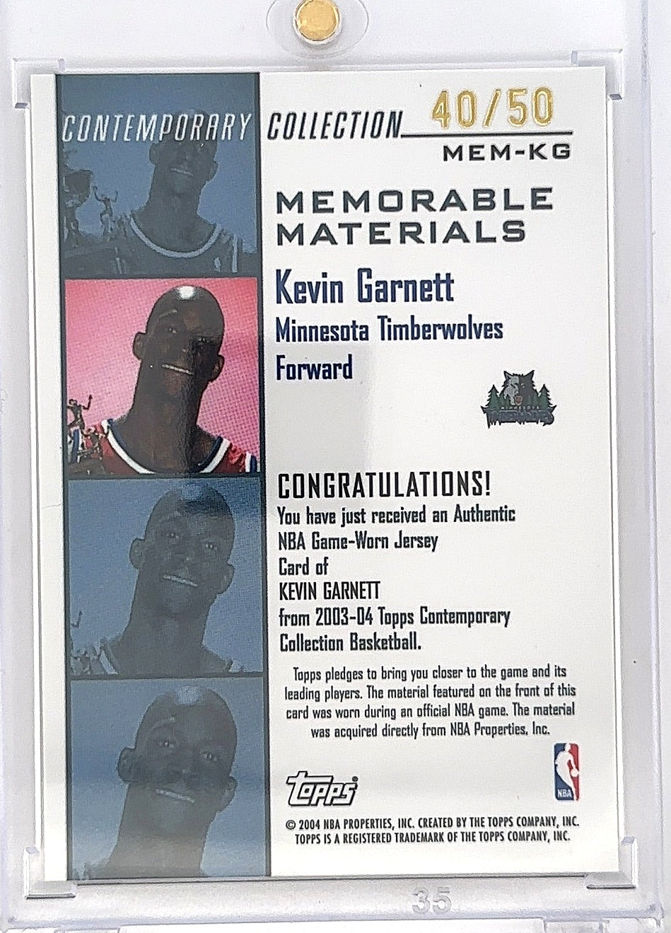 2004 Topps Contemporary Collection Memorable Materials Kevin Garnett #MEM-KG 40/50 — back