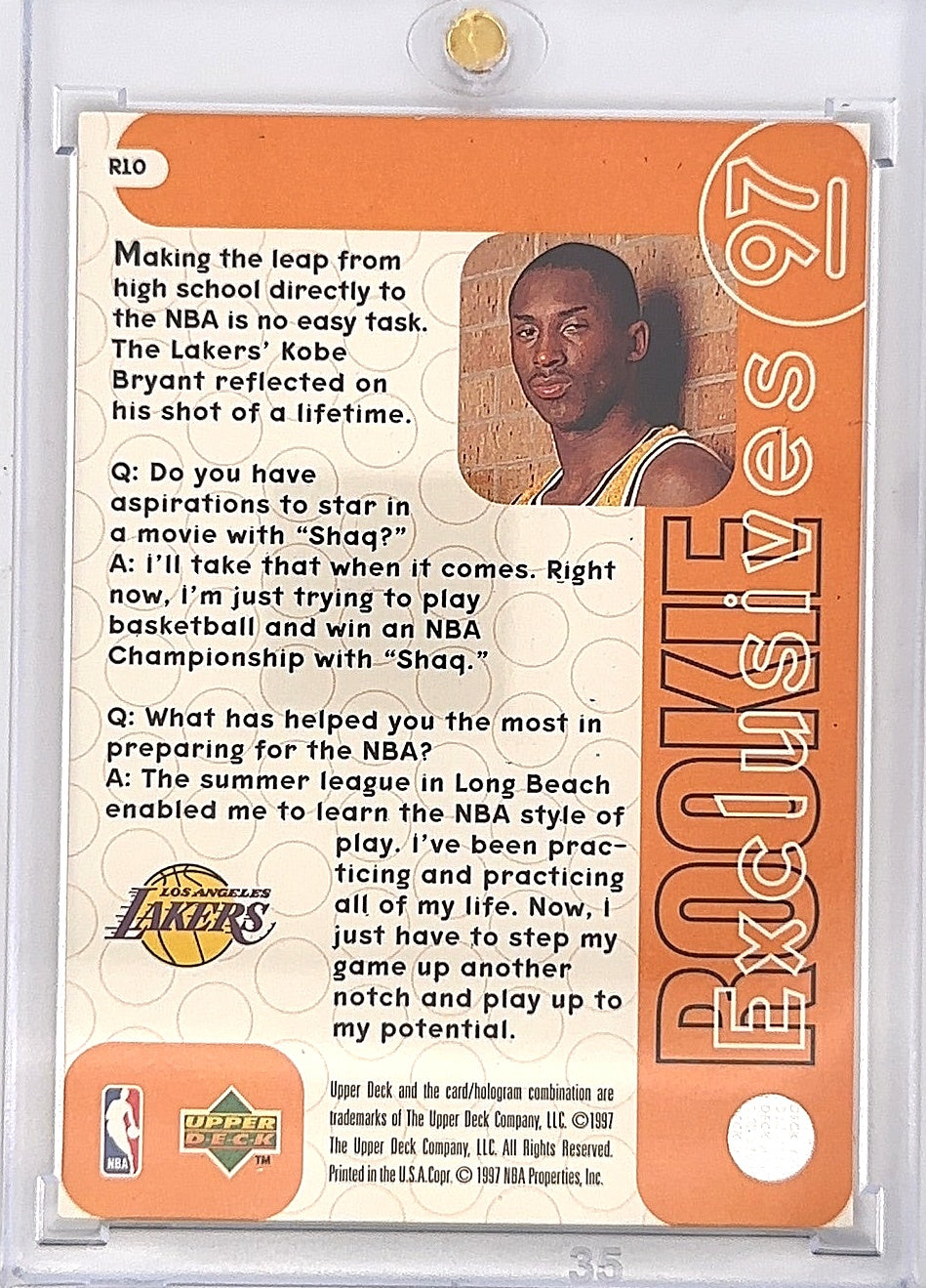 1997 Upper Deck Rookie Exclusives Kobe Bryant #R10 — back