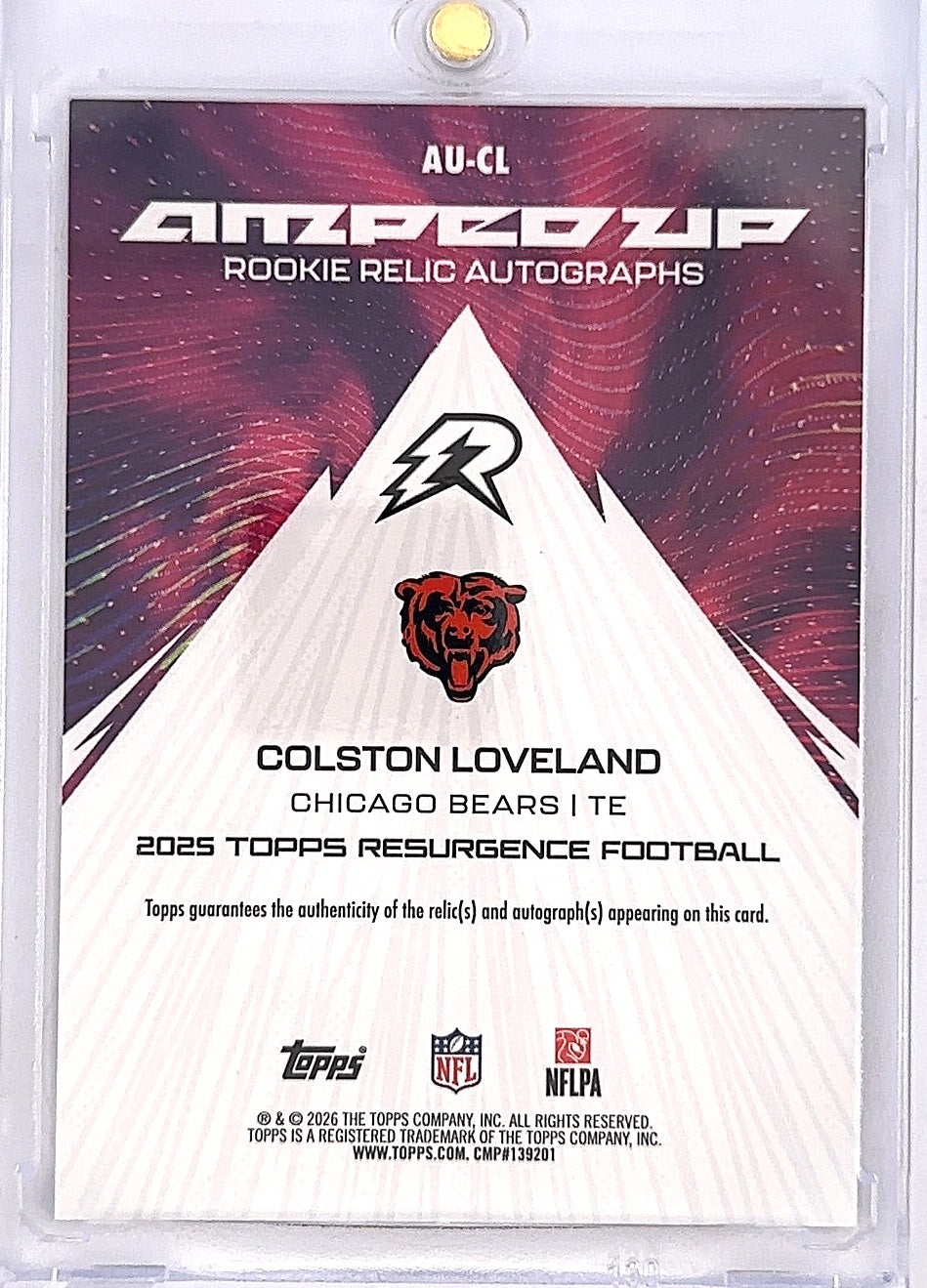 2025 Topps Resurgence Amped Up Rookie Relic Autograph Colston Loveland #AU-CL — back