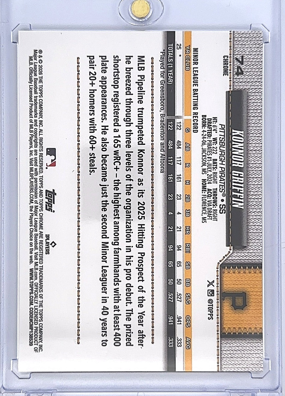 Konnor Griffin Topps Chrome #74 — back