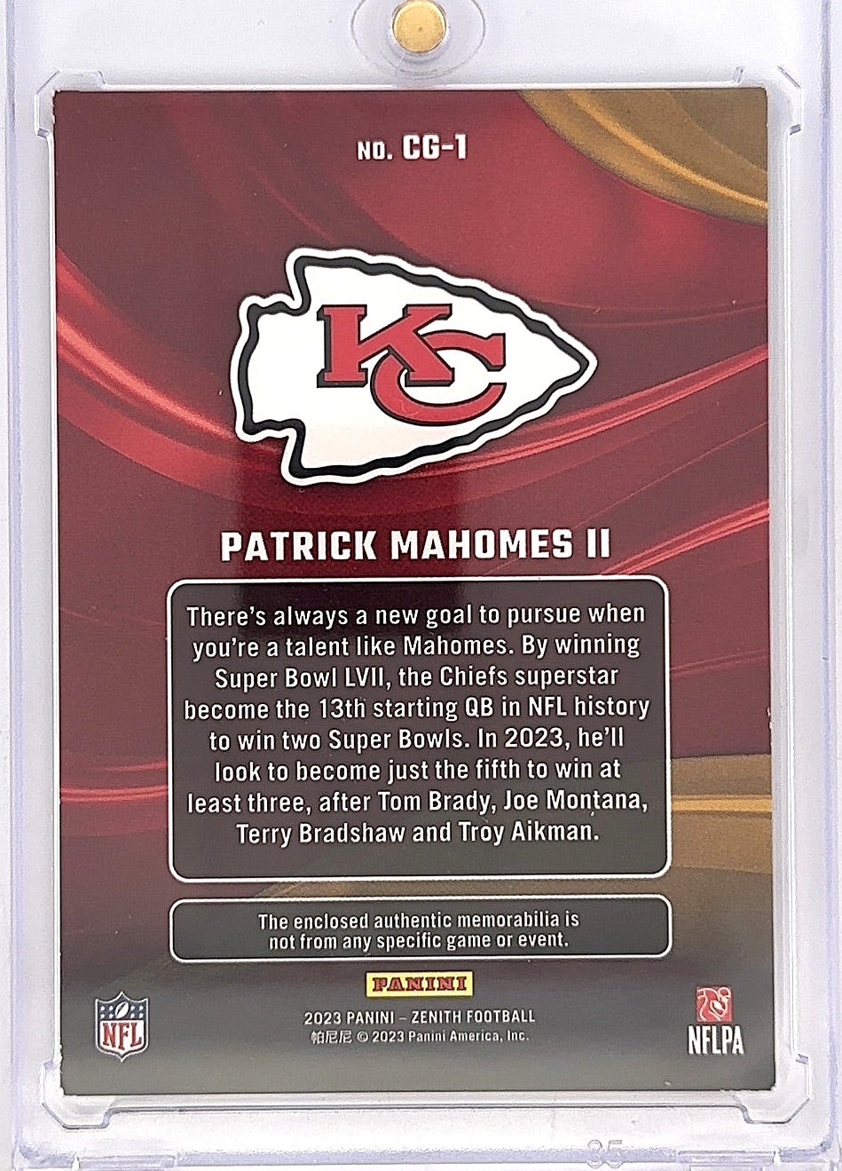 2023 Panini Zenith Color Guard Patrick Mahomes II #CG-1 — back