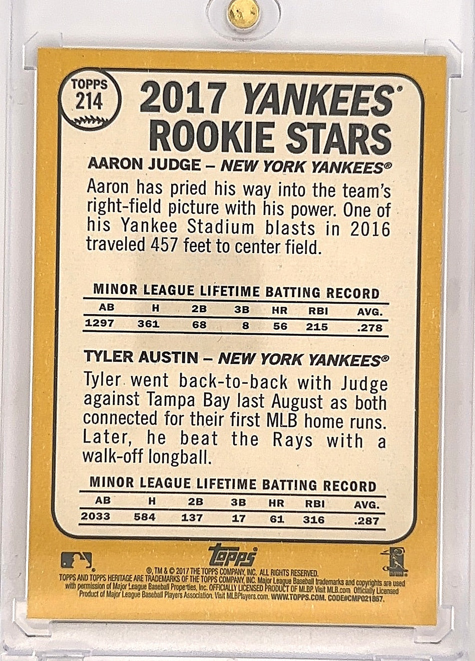 2017 Topps Heritage Yankees 2017 Rookie Stars: Aaron Judge / Tyler Austin #214 — back