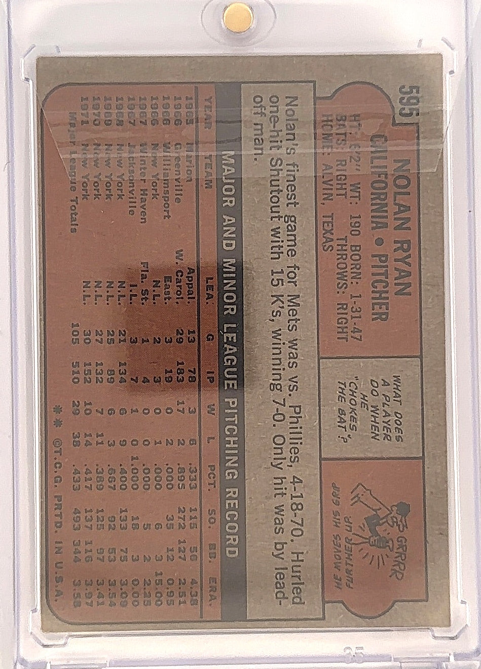 1972 Topps Nolan Ryan #595
Damaged — back