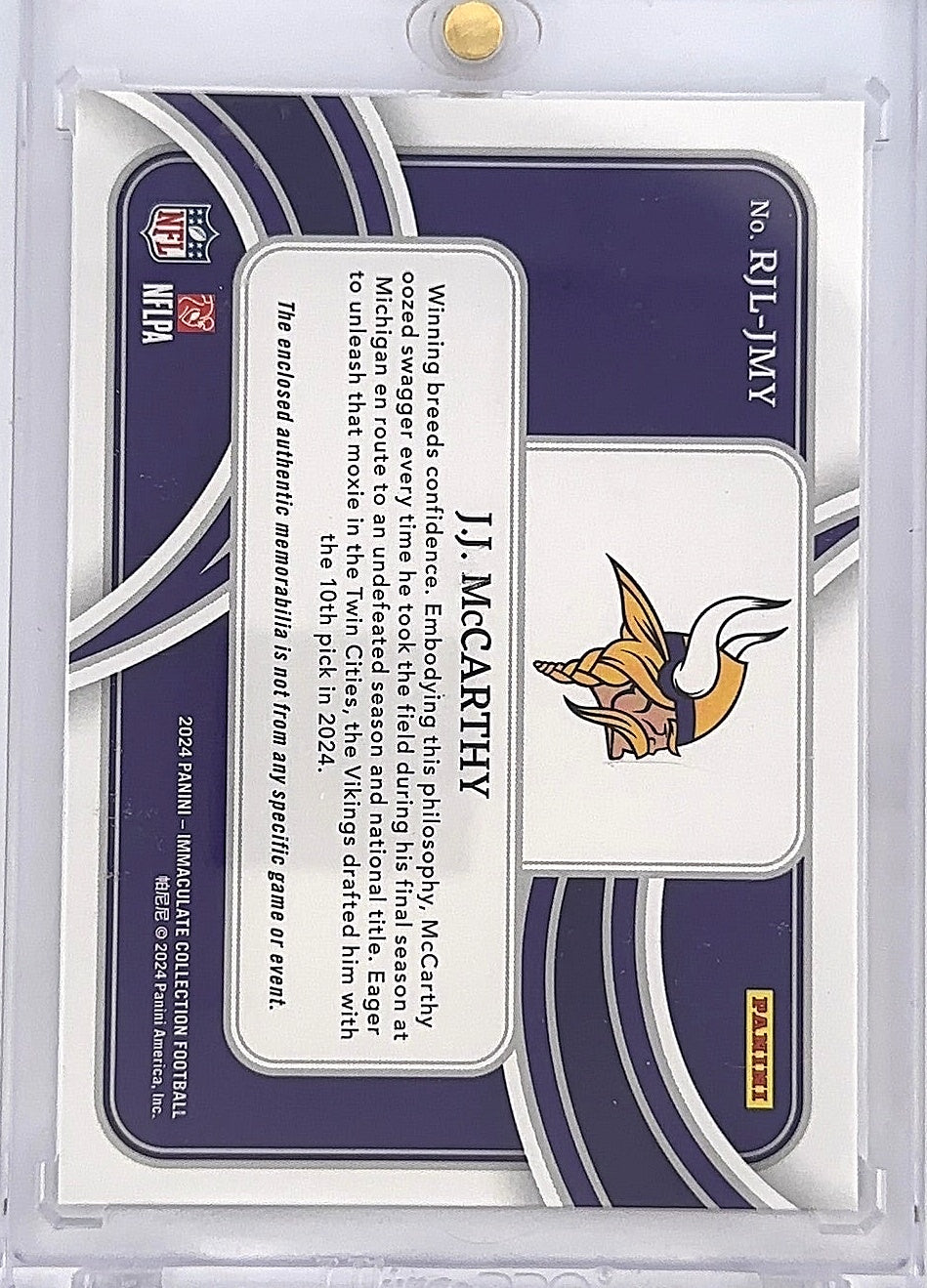 2024 Panini Immaculate Rookie Gloves J.J. McCarthy #13 02/15 — back