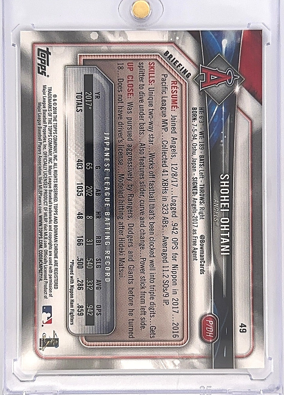 2018 Bowman Shohei Ohtani #49 — back