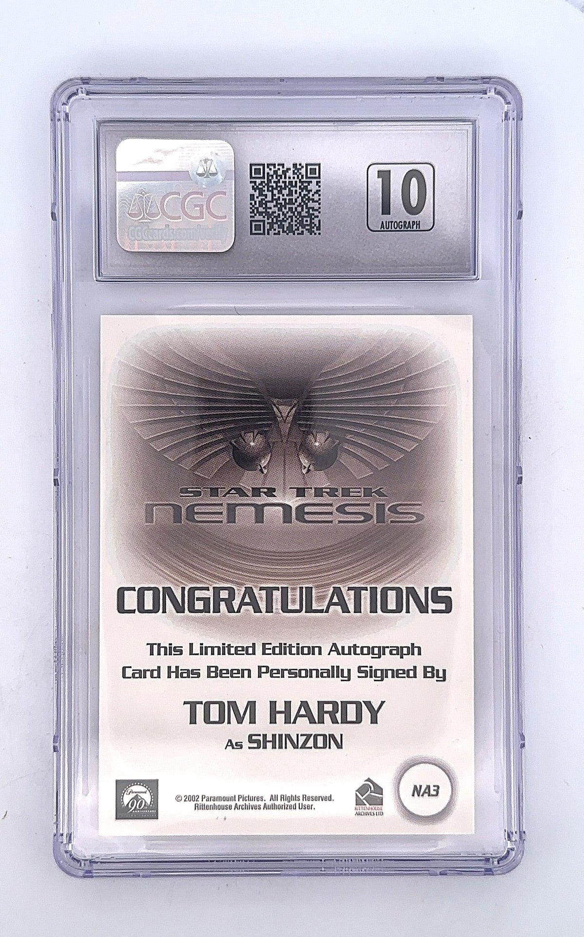 Tom Hardy 2002 Rittenhouse Star Trek Nemesis #NA3 Autograph CGC MINT 9 — back