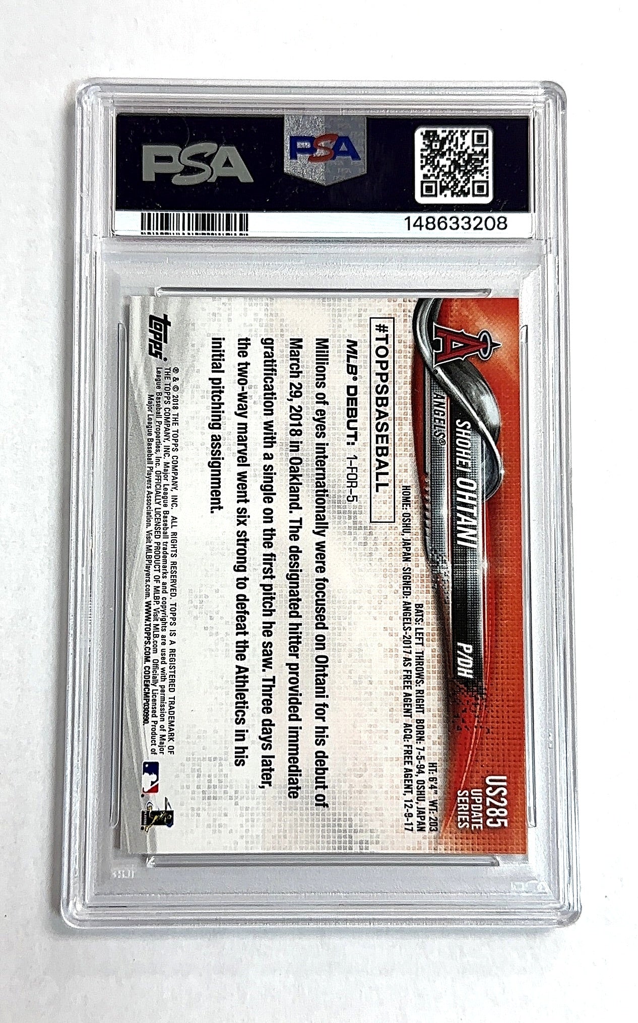 2018 Topps Update Shohei Ohtani #US285 RC PSA 10 — back