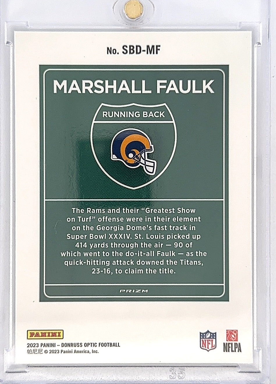 2023 Panini Donruss Super Bowl Downtown Marshall Faulk #SBD-MF — back
