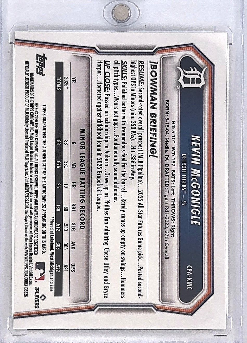 Kevin McGonigle Topps Certified Autograph 74/75 — back