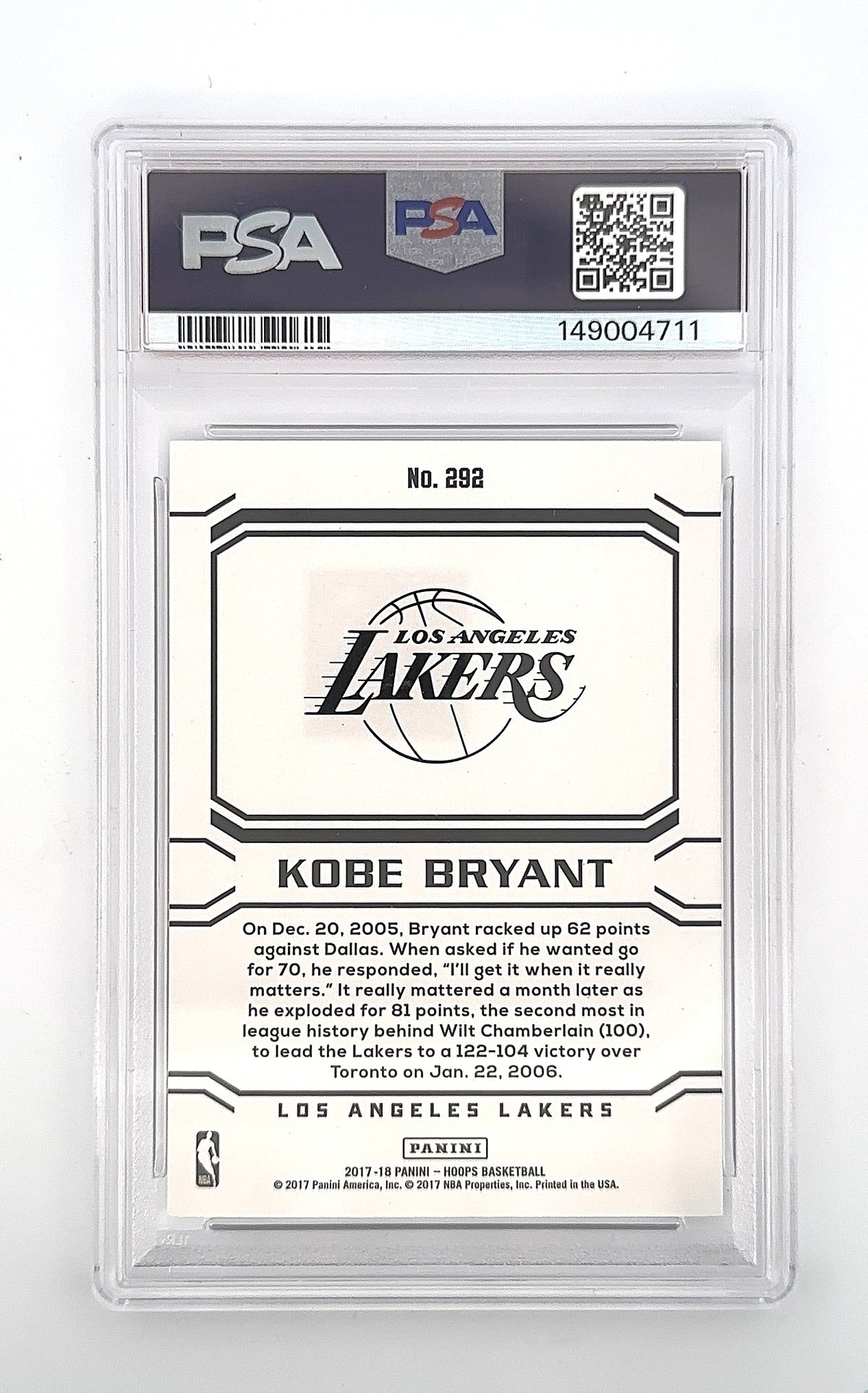 2017 Panini Hoops Kobe Bryant #292 PSA 9 — back