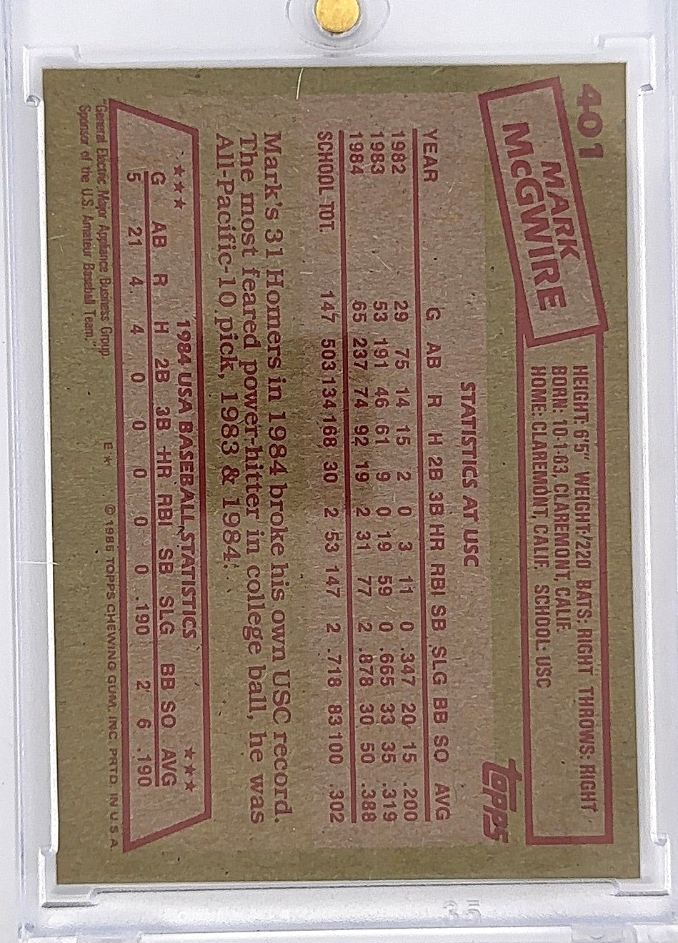 1985 Topps Mark McGwire #401 — back