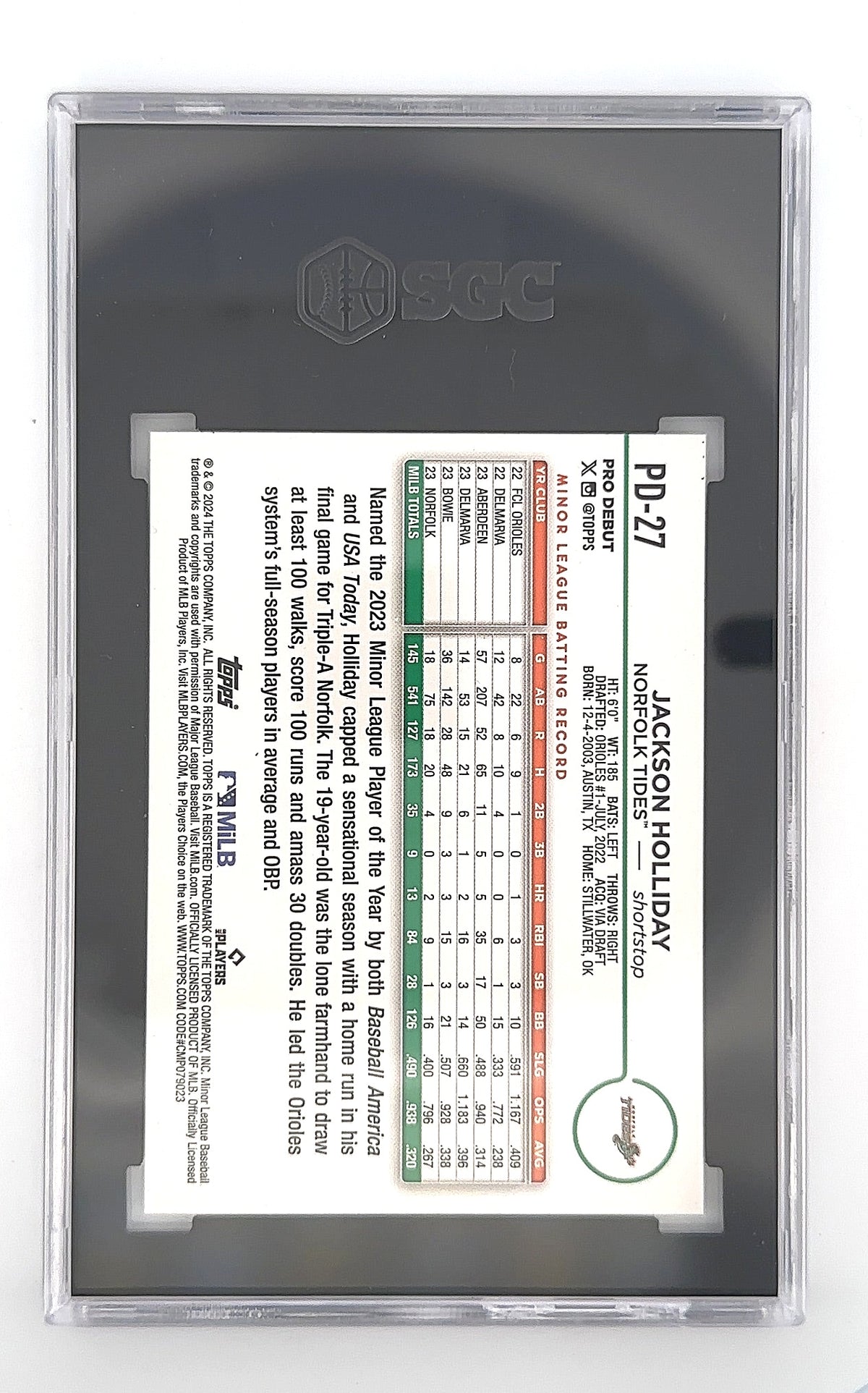 2024 Topps Pro Debut Jackson Holliday #PD-27 SGC Gem Mint 10 — back