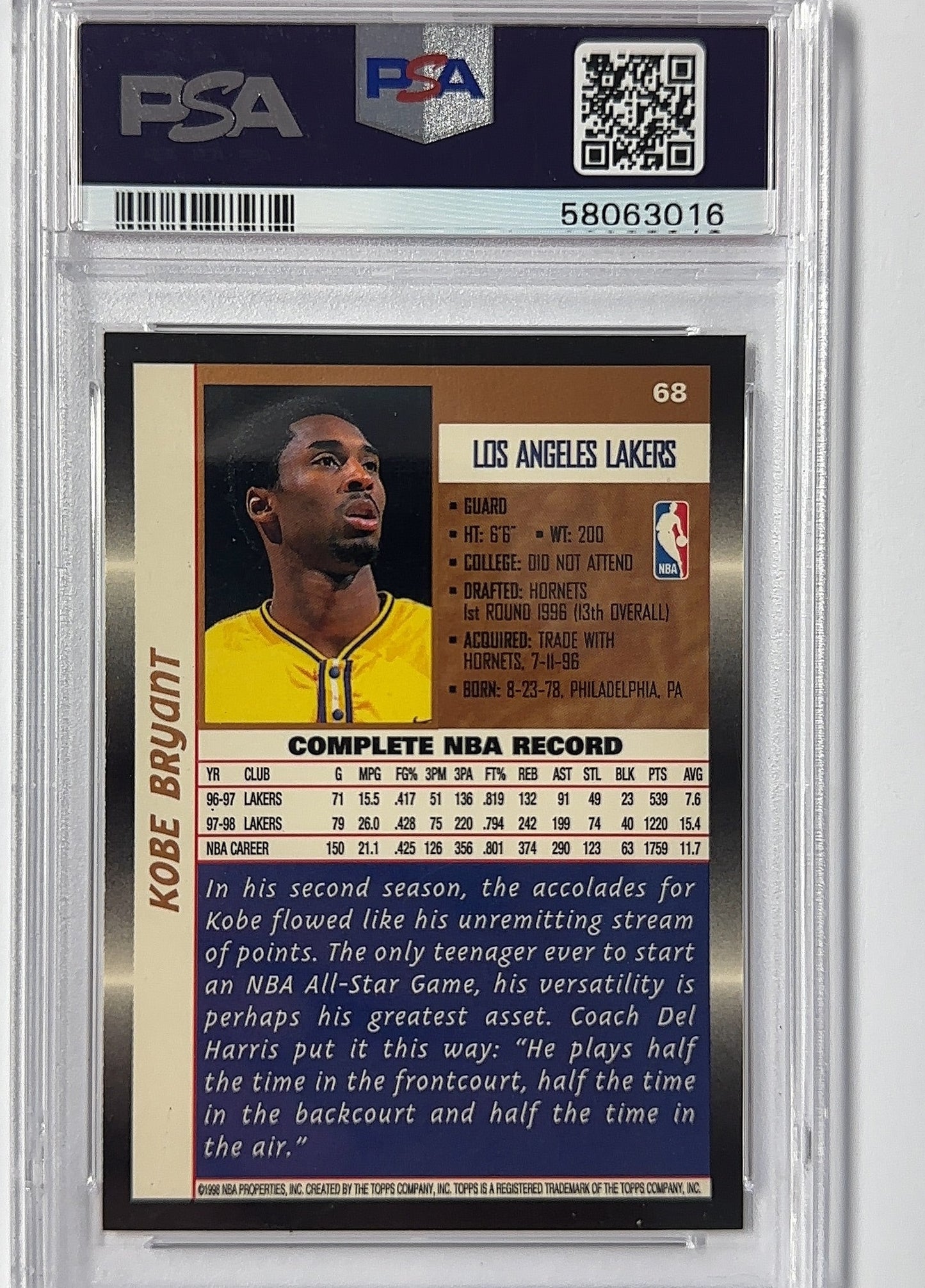 Kobe Bryant - PSA 9 Topps — back