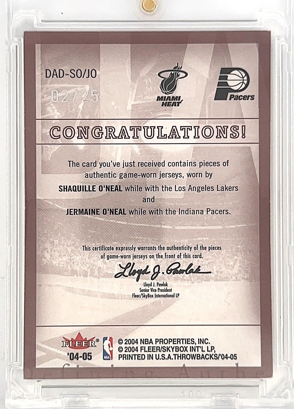 2004-05 Fleer Throwbacks Shaq O’Neal & Jermaine O’Neal 4 Patch 02/25 #DAD-SO/JO — back