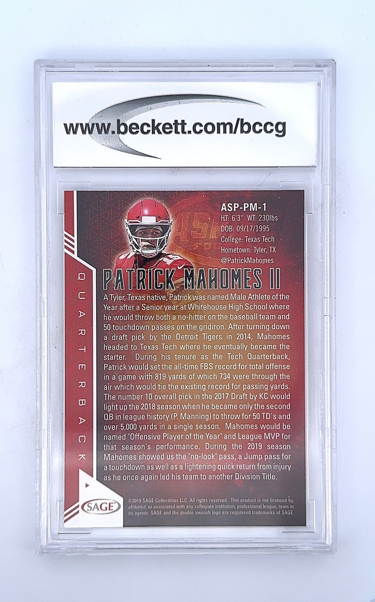 Patrick Mahomes II 2019 Sage Aspire ASP-PM-1 BGS PRISTINE 10 — back