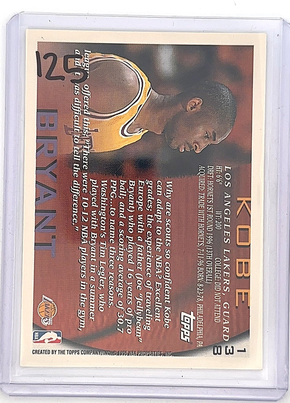 1996 Topps Kobe Bryant #138 — back