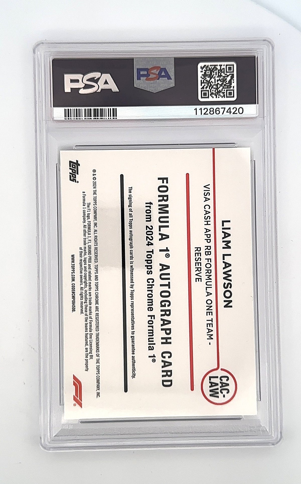 Liam Lawson Topps Chrome F1 Auto — back