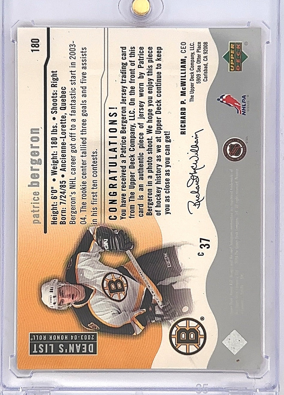 Patrice Bergeron 2003 Honor Roll Patch — back