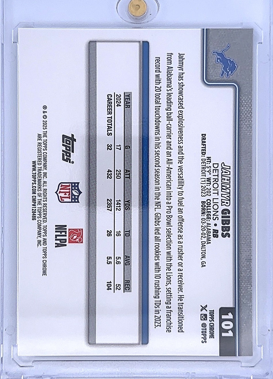 Jahmyr Gibbs Topps Chrome #101 — back