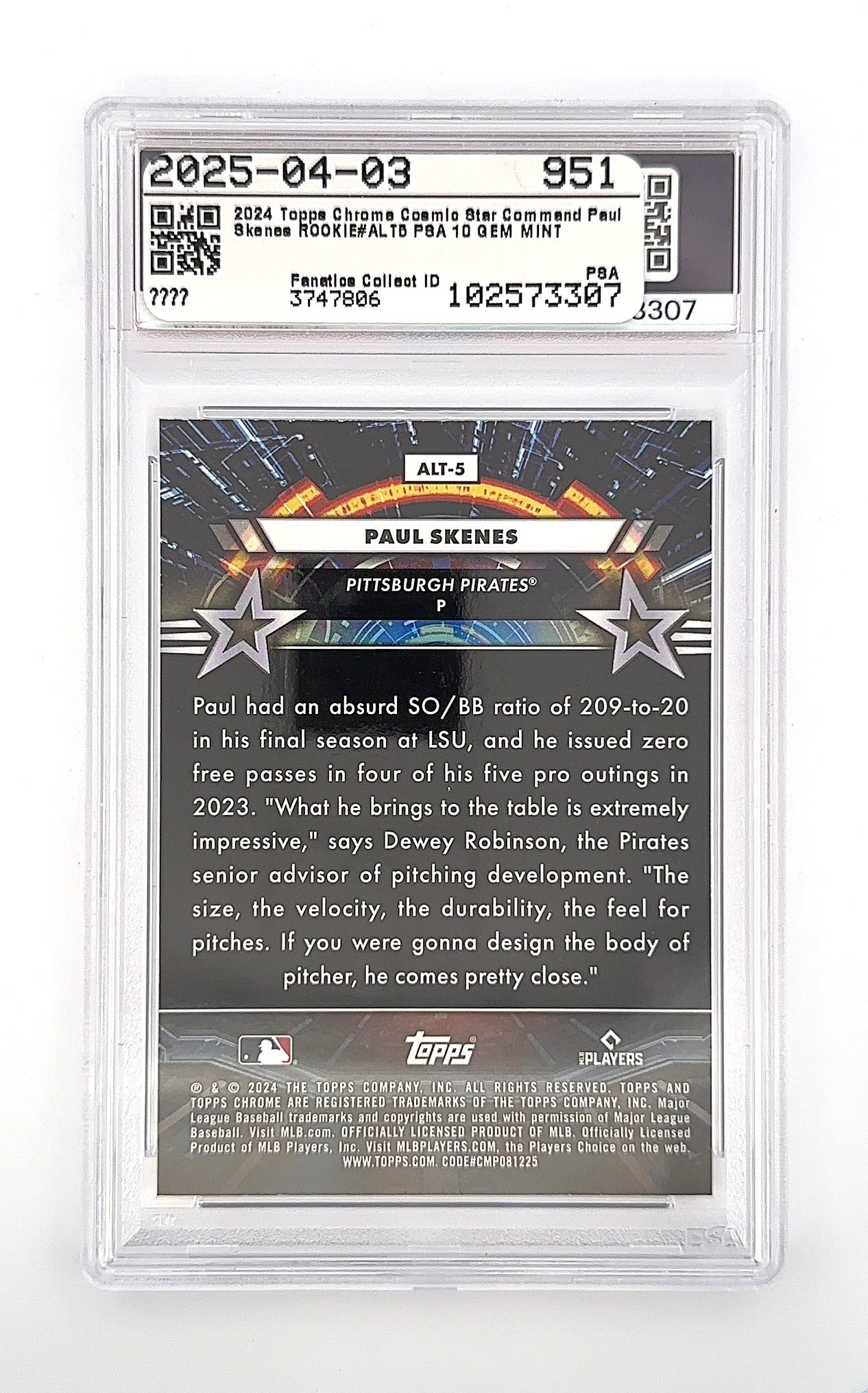 2024 Topps Cosmic Chrome Star Command Paul Skenes #ALT-5 PSA 10 — back