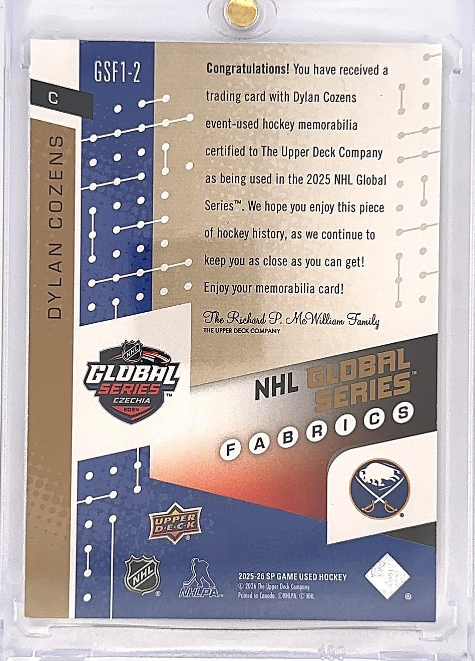 2025-26 SP Game Used Hockey Dylan Cozens Global Series Fabrics /35 GSF1-2 — back