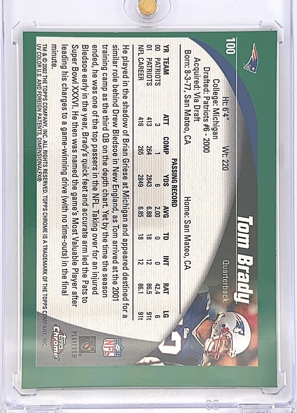 2002 Topps Chrome Tom Brady #100 — back