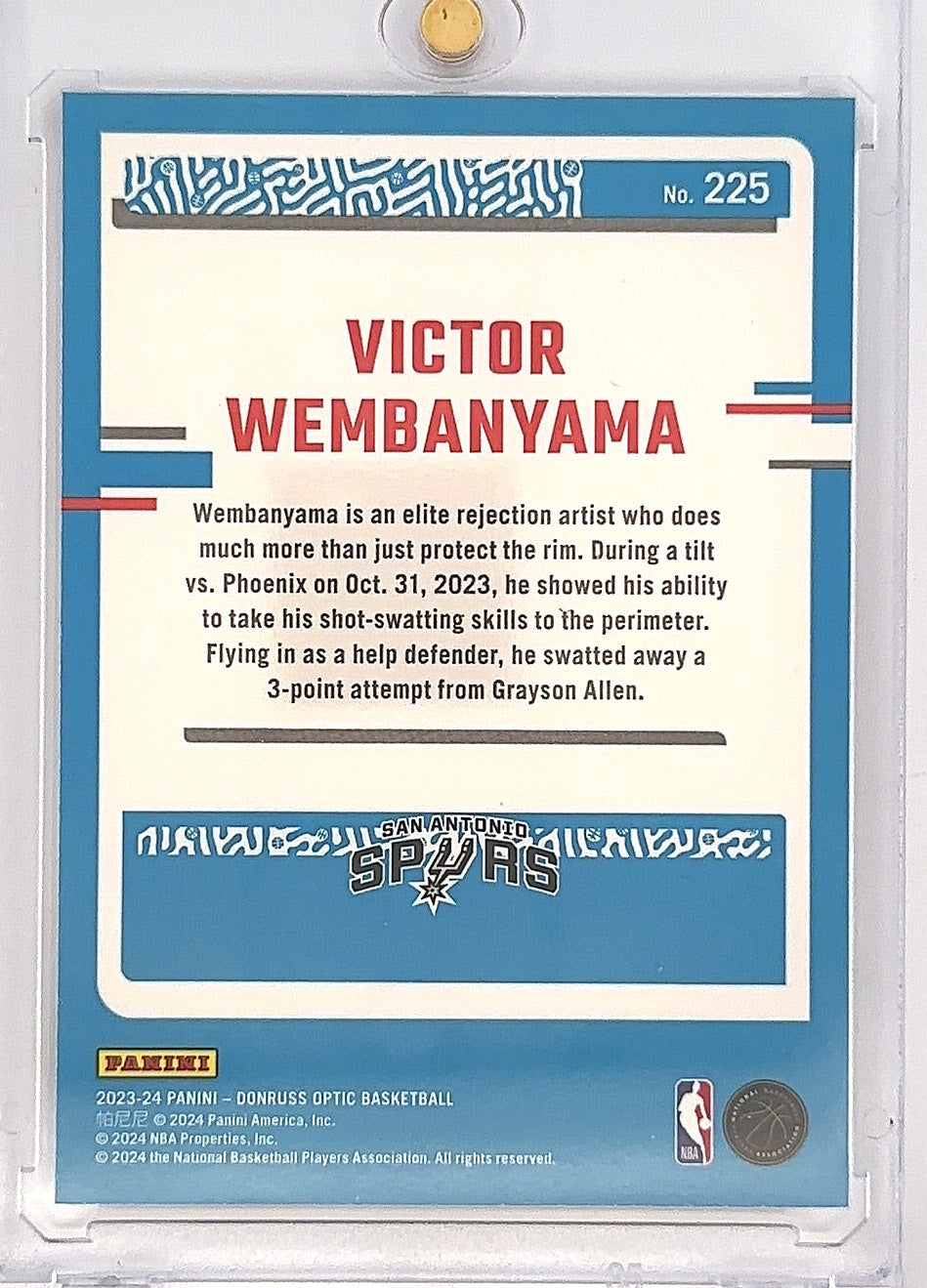 2023 Panini Donruss Optic Victor Wembanyama #225 — back