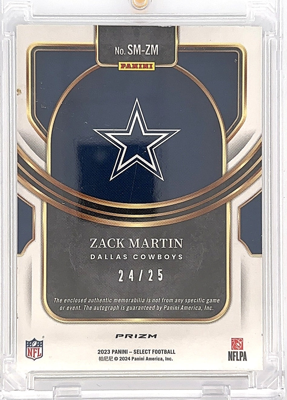 Zack Martin 2023 Select Autograph Patch 24/25 — back