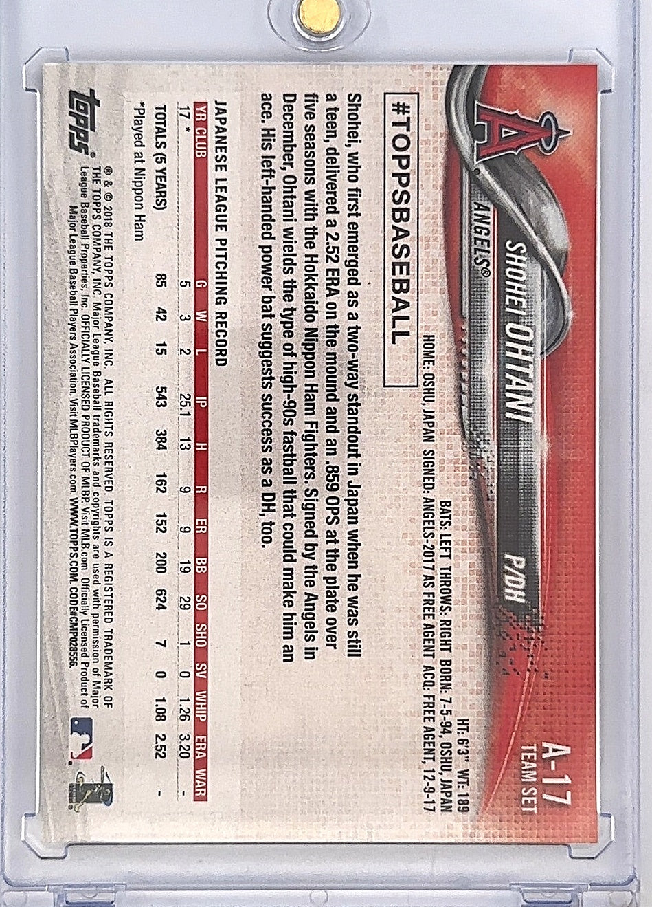 2018 Topps Team Set Los Angeles Angels Shohei Ohtani #A-17 — back