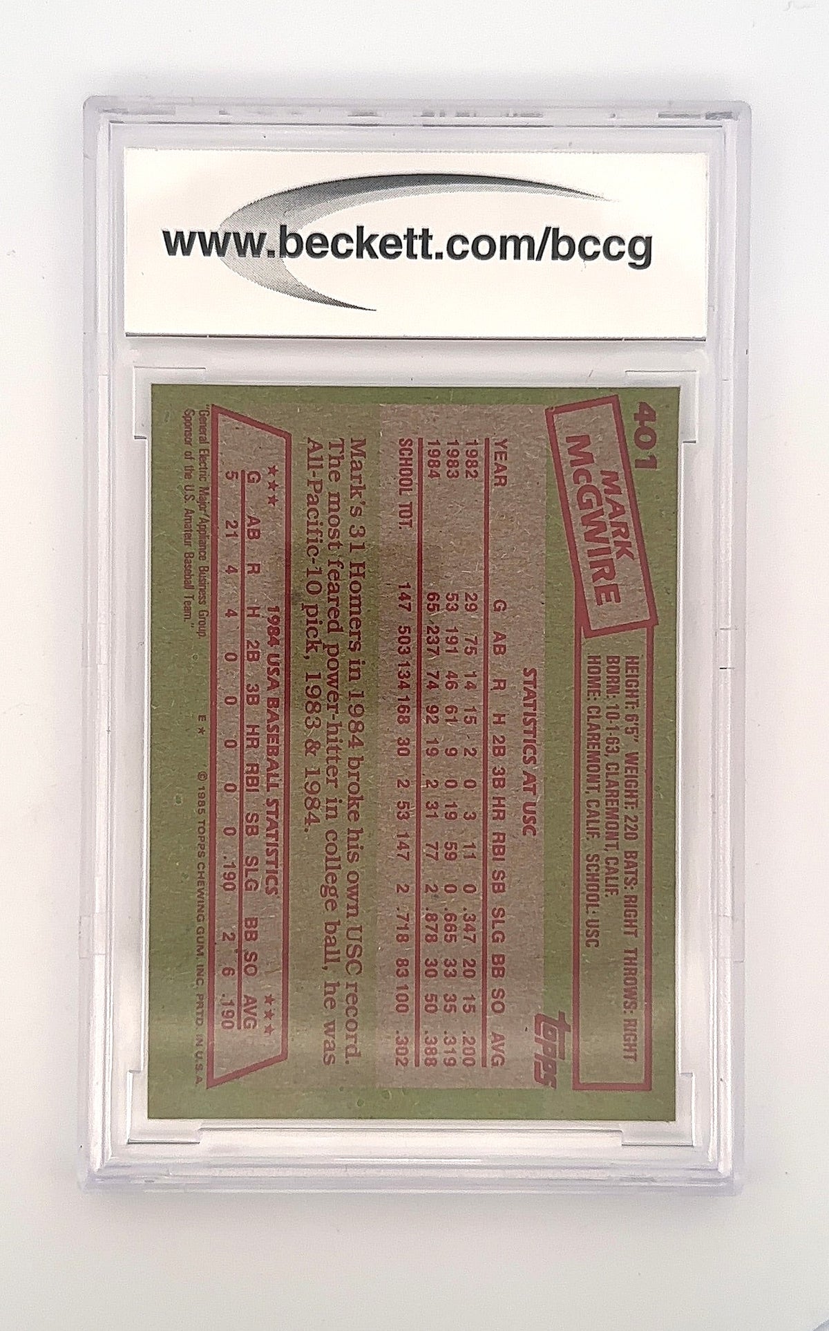 1985 Topps Mark McGwire #401 BCCG 9 — back