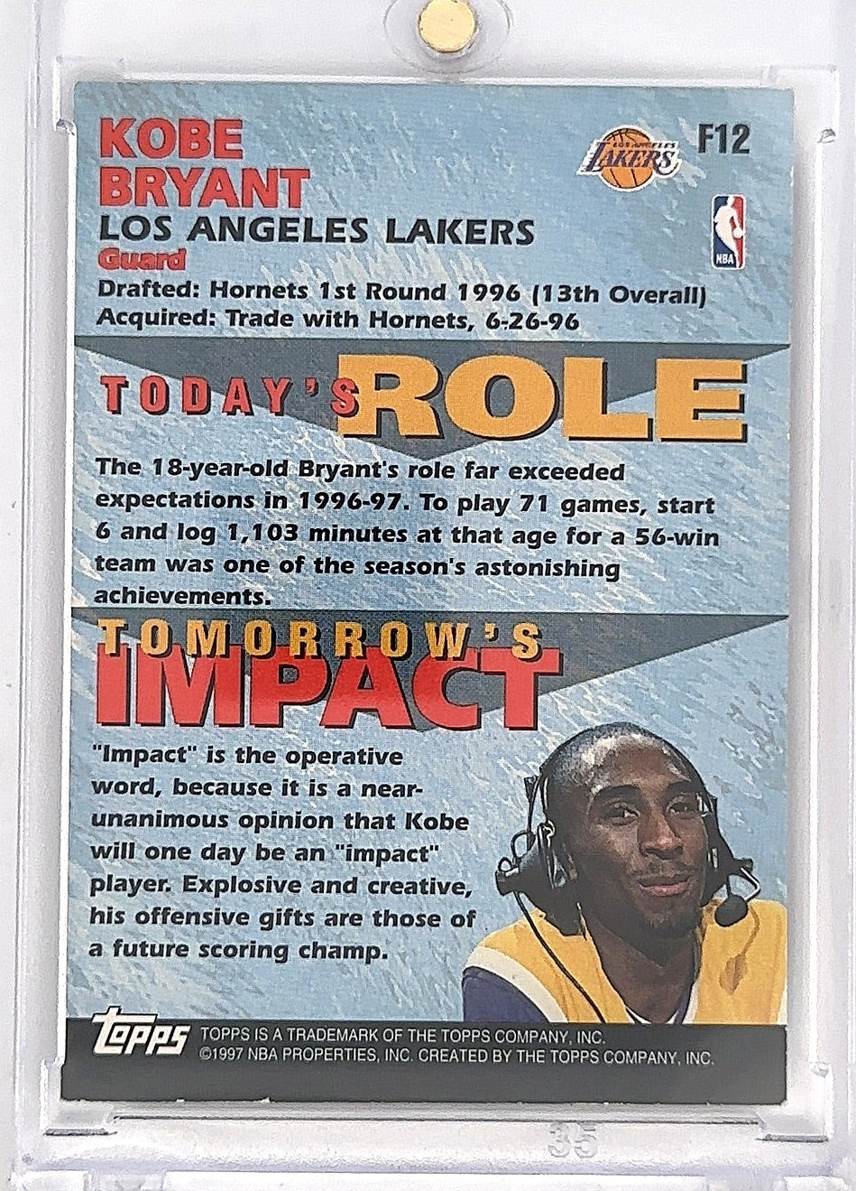 1997 Topps Fantastic 15 Kobe Bryant #F12 — back