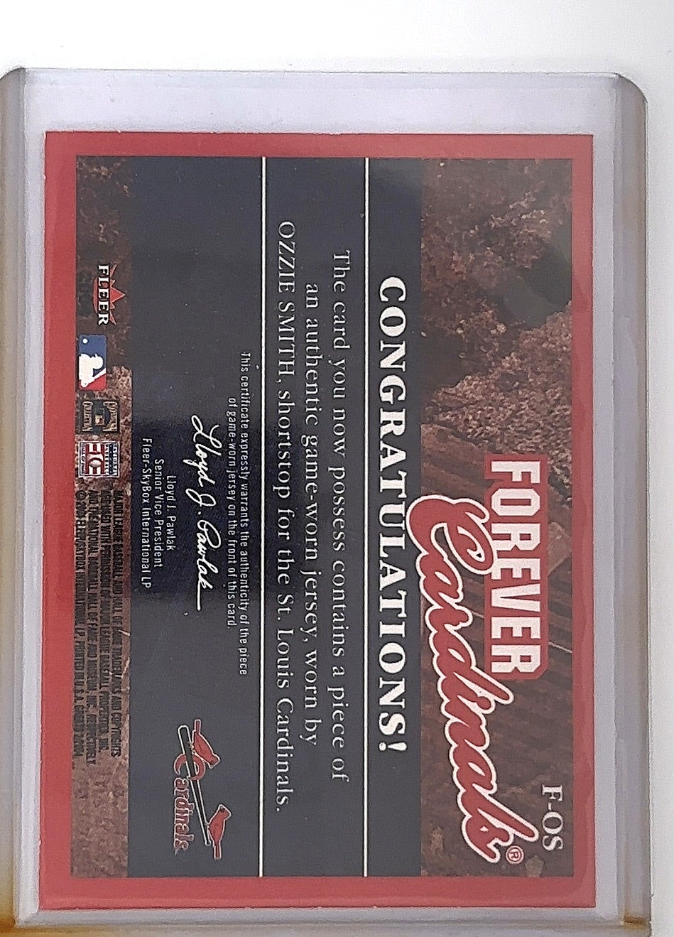 Ozzie Smith Cardinals Fleer Game-Worn — back