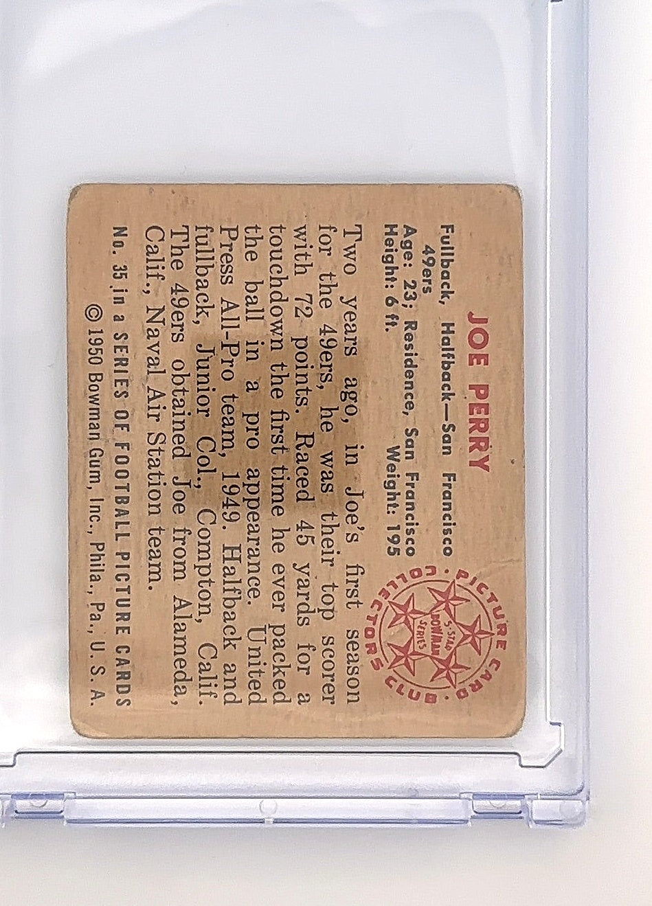 Joe Perry #35 Series Football Bowman Gum 1950 — back