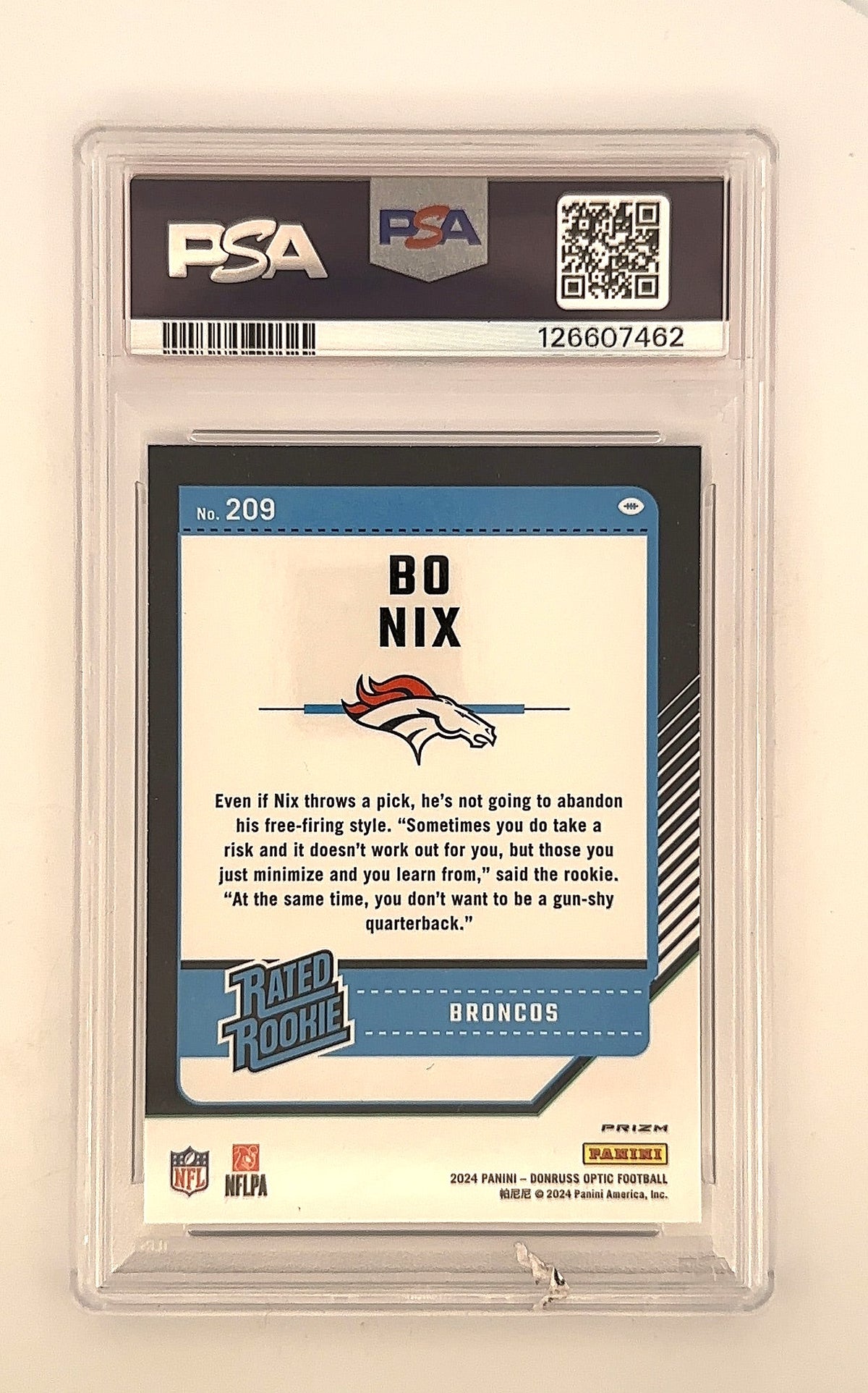 Bo Nix 2024 Donruss Optic Holo PSA GEM MT 10 — back