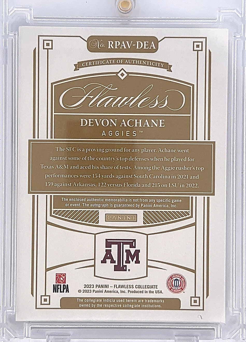 Devon Achane Flawless Collegiate Rookie Autograph 23/25 — back