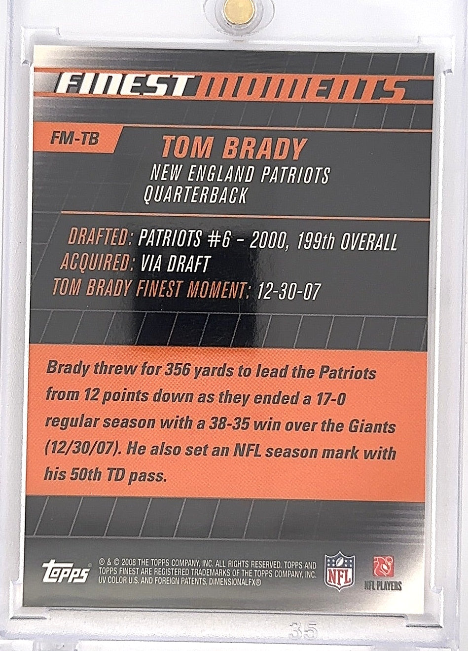 2008 Topps Finest Moments Tom Brady #FM-TB — back