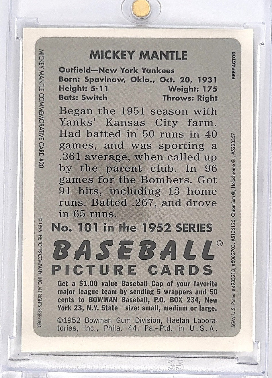 1996 Bowman Mickey Mantle Commemorative Reprint Refractor #20 — back