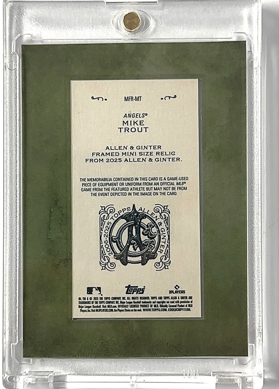 2025 Topps Allen and Ginter Mini Framed Relic Mike Trout #MFR-MT — back