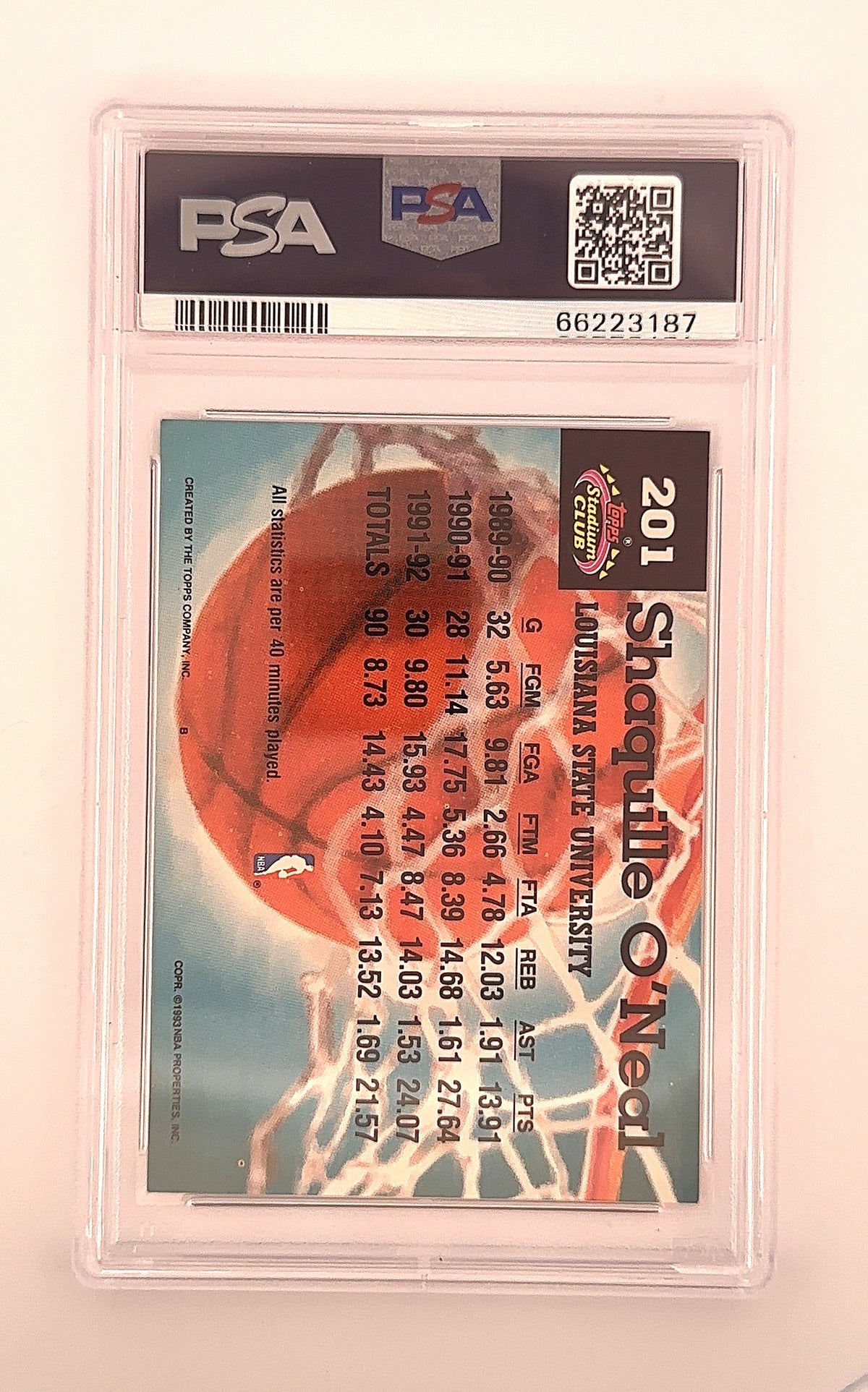 1992 Stadium Club Shaquille O'Neal #201 PSA 8 — back