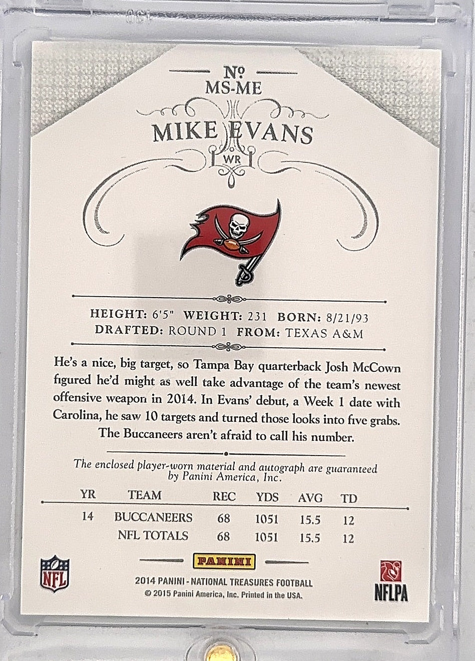 Mike Evans National Treasures Rookie 09/35 — back