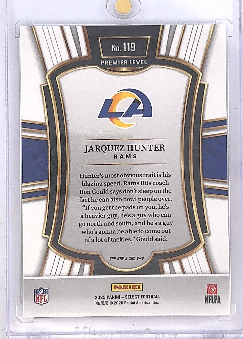 Jarquez Hunter Rookie Zebra Select Prizm #119 — back