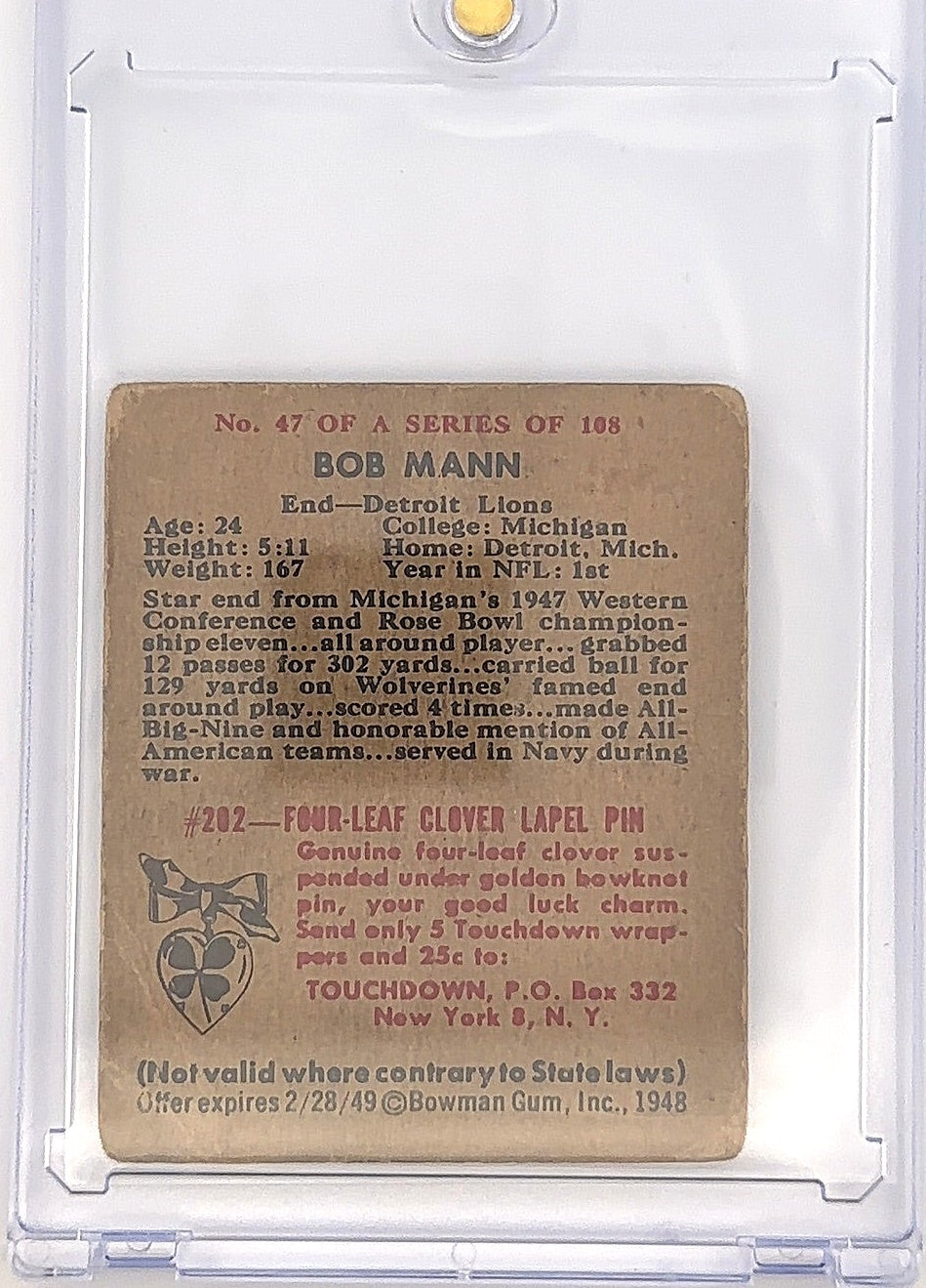 Bob Mann 47/108 Bowman Gum 1948 — back
