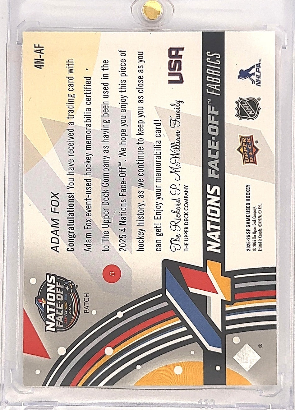 2025-26 SP Game Used Hockey Adam Fox 4 Nations Face-Card Fabrics /15 4N-AF — back