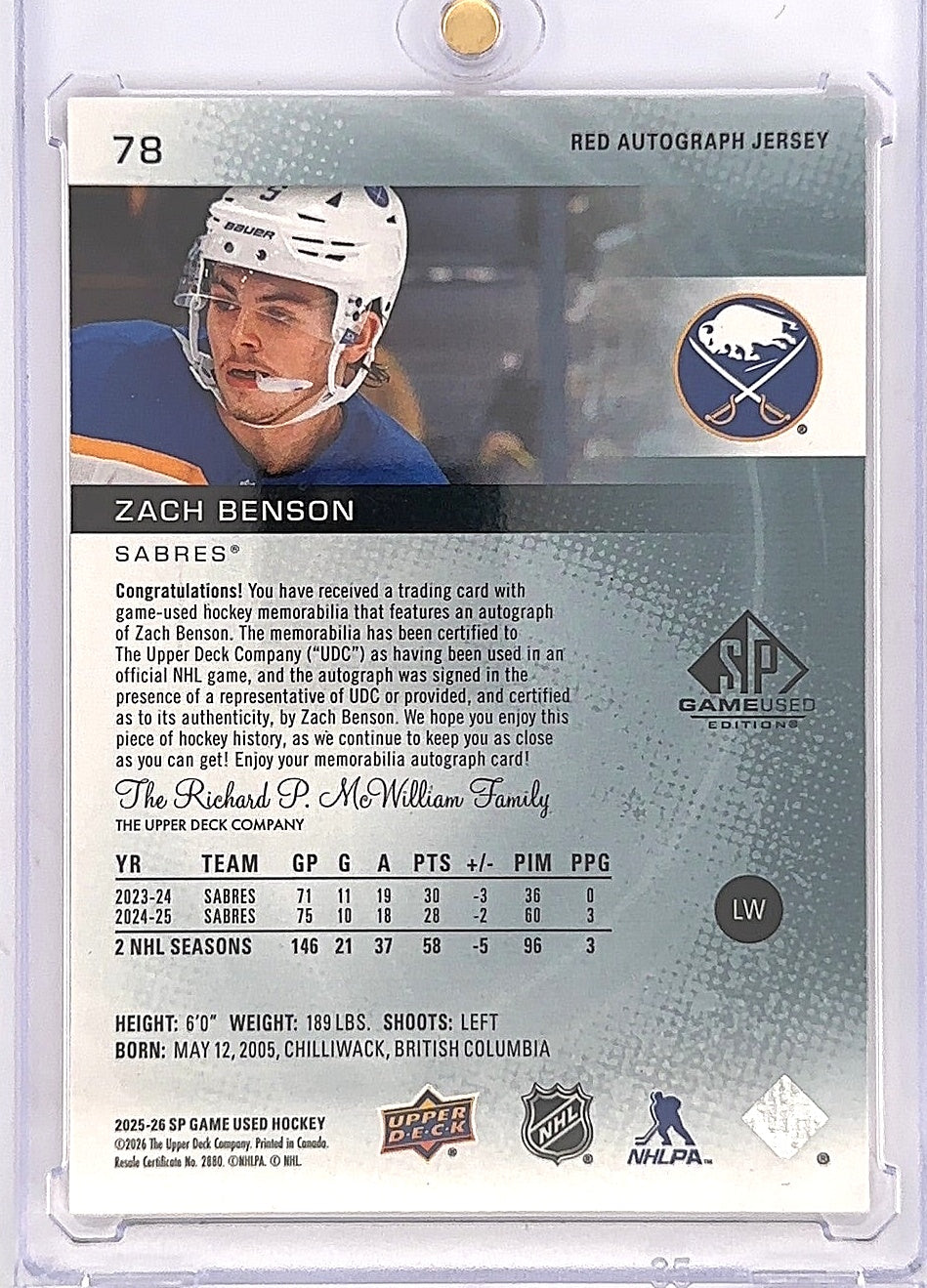 2025-26 SP Game Used Hockey Zach Benson Red Auto Jersey Patch /149 — back