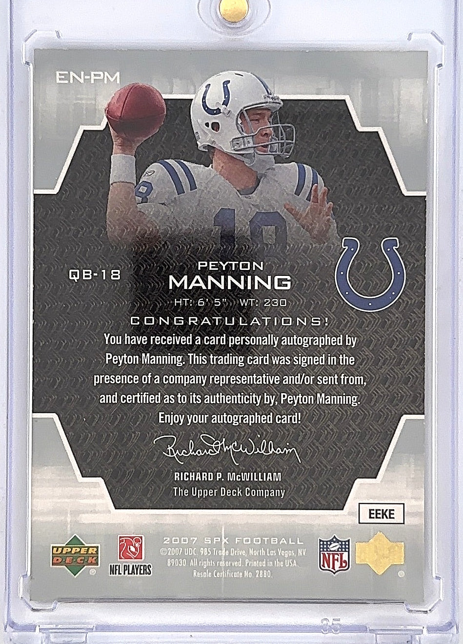 Peyton Manning SPX Endorsements 2007 Auto — back
