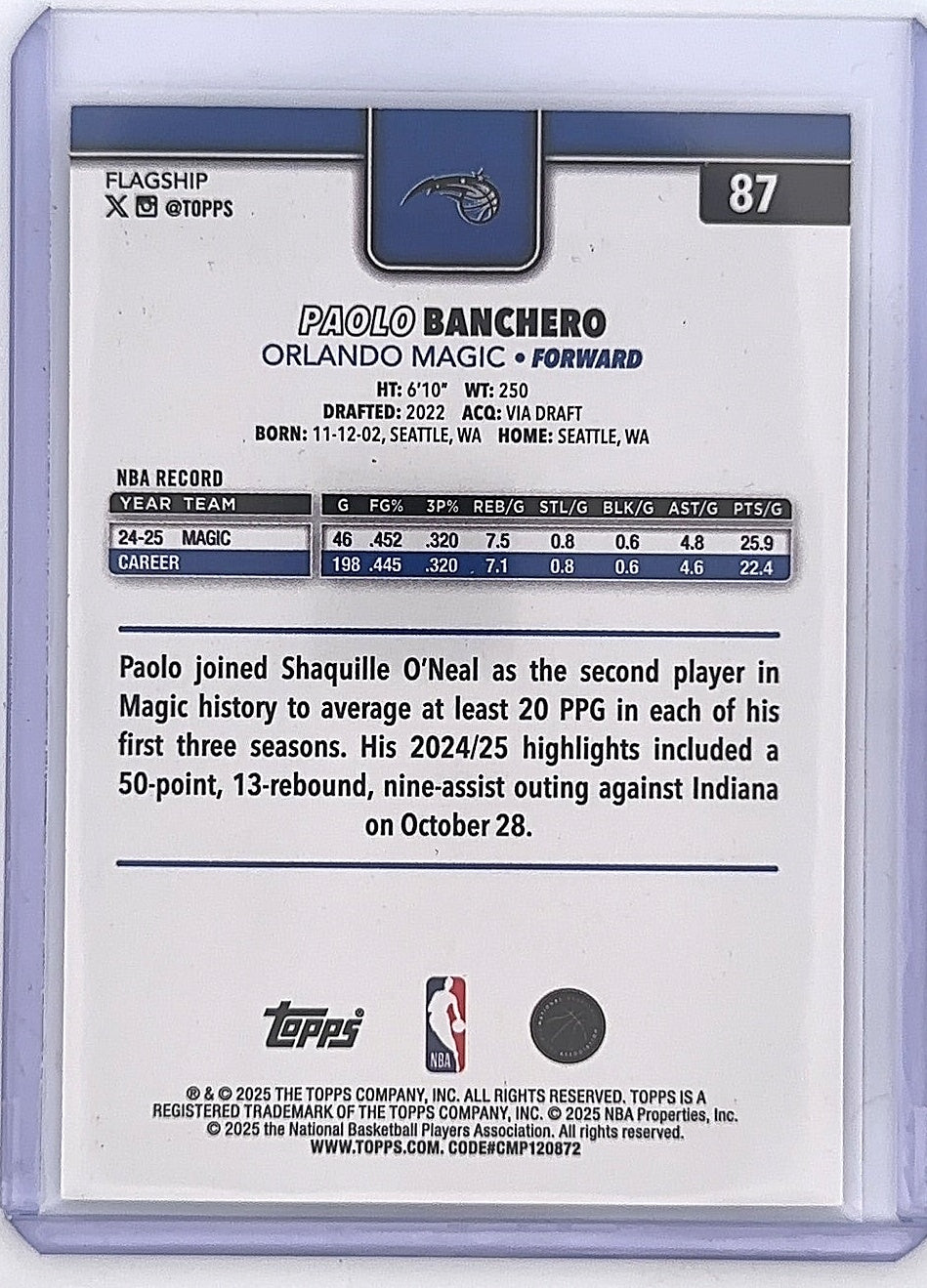 2025-26 Topps Flagship Paolo Banchero Wood Parallel 08/25 — back