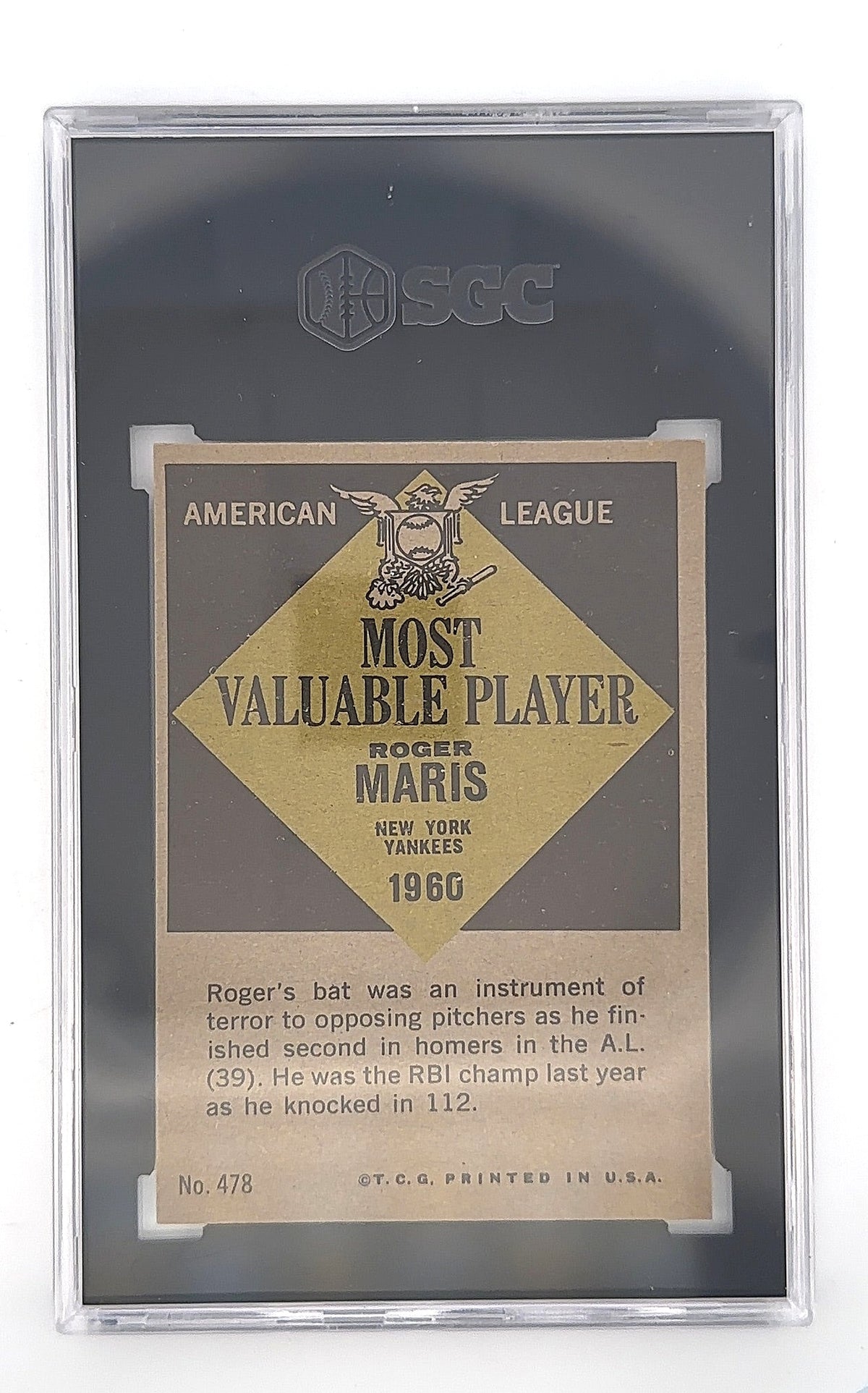 Roger Maris 1961 Topps #478 SGC 6 SGC NM 7 — back