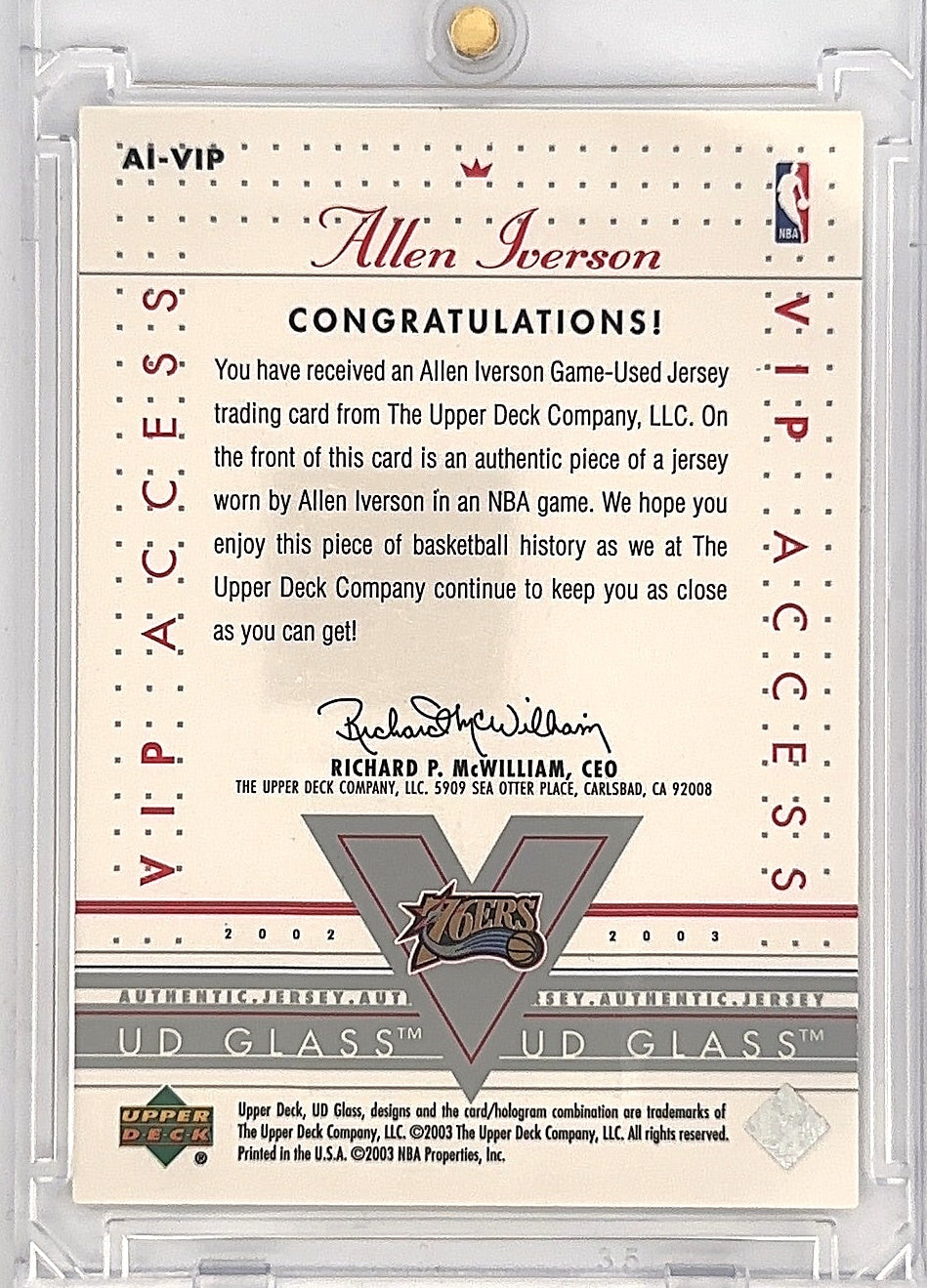 Allen Iverson Upper Deck VIP Access Jersey Patch — back