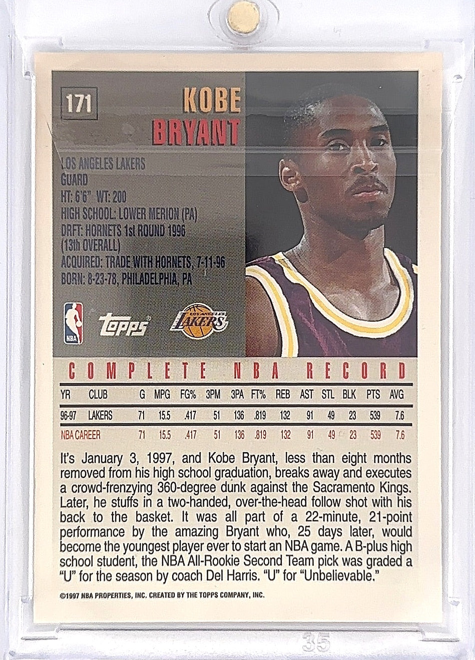 1997 Topps Kobe Bryant #171 — back