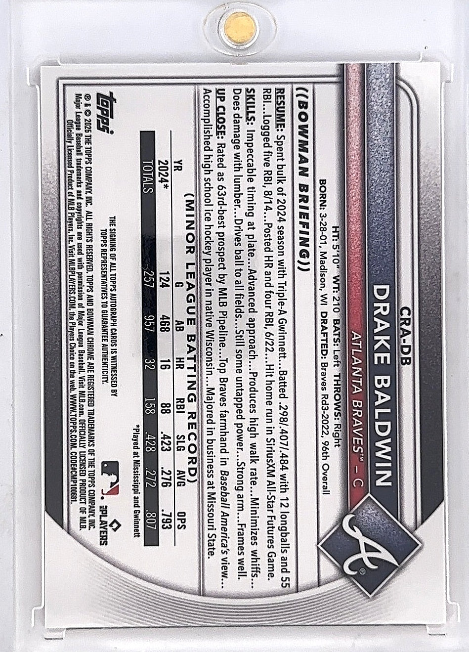 Drake Baldwin Topps Bowman Chrome Autograph Issue 13/25 — back